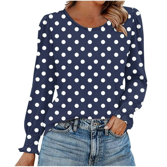 Miluxas Womens Casual Long Sleeve T-Shirts Round Neck Polka Dot Print Tops Trendy Loose Fit Blouses Navy L(L)