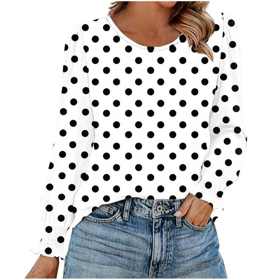 Miluxas Womens Casual Long Sleeve T-Shirts Round Neck Polka Dot Print Tops Trendy Loose Fit Blouses White S(S)