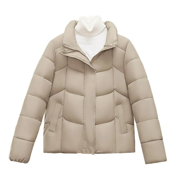 Miluxas Womens Casual Puffer Jacket Winter Solid Color Long Sleeve Hoodless Full Zipper Cotton Padded Warm Coat Khaki L(L)