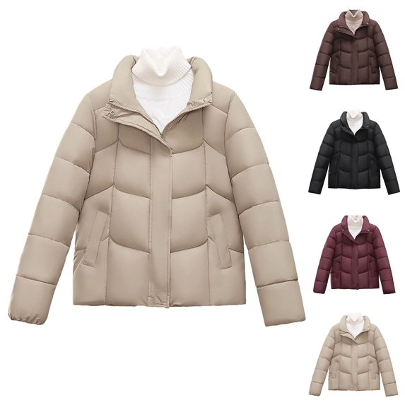 Miluxas Womens Casual Puffer Jacket Winter Solid Color Long Sleeve Hoodless Full Zipper Cotton Padded Warm Coat Wine XL(XL)