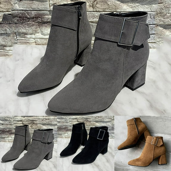 Miluxas Womens Casual Round Toe Boots Buckle Casual Suede Fashion Block High Heel Ankle High Boots Gray 12.5(43)
