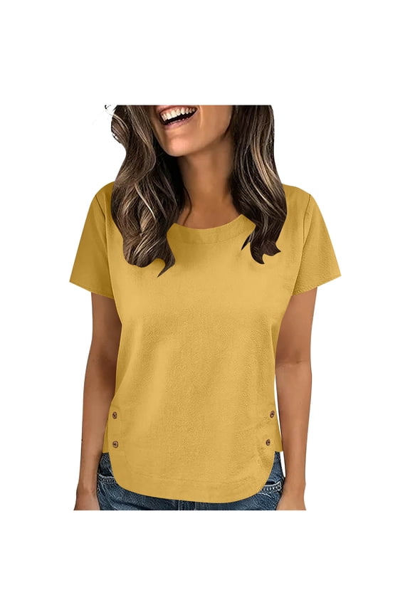 Womens Casual Short Sleeve Tops Solid Color Crew Neck Side Button Shirts Blouse Yellow