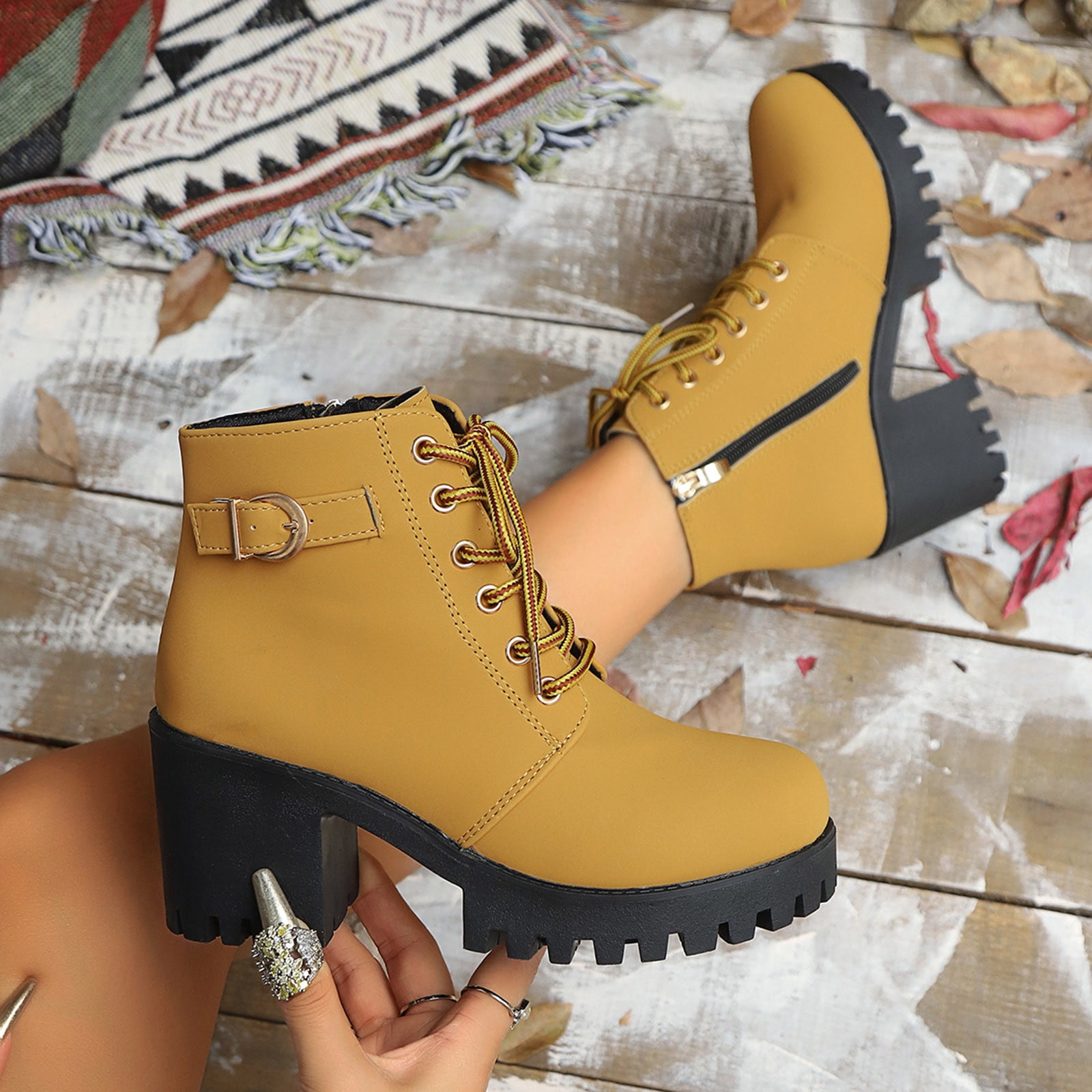 Miluxas Womens Chunky Heel Ankle Booties Round Toe Lace Up Belt Buckle ...