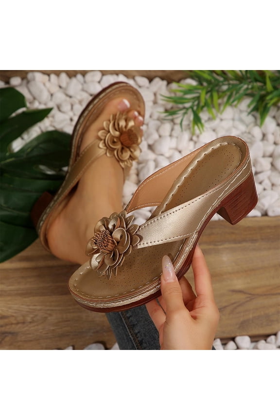 Womens Chunky Heel Flip Flops Sandals Flower Heeled Sandals Slip On Clip Toe Slippers Fashion Casual Wedge Thong Sandal Party Wedding Dress Shoes Gold 6(37)