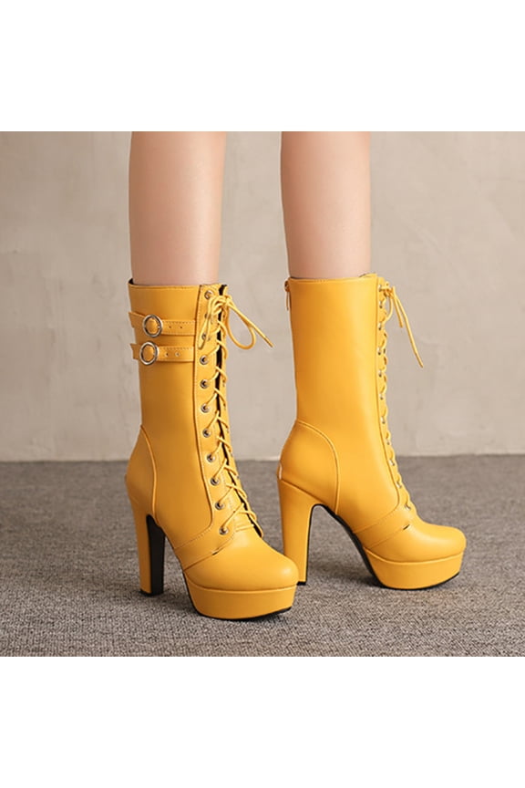 Womens Chunky High Heel Platform Ankle Booties Lace Up Boots Shoes Yellow 6(37)