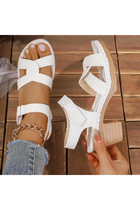 Womens Classic Strap Block Heel Sandals, Adjustable Ankle Buckle Open Toe Mid Heels, Lightweight Platform Sandals White 8.5(41)