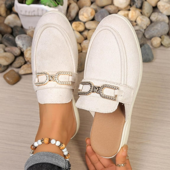 Miluxas Womens Closed Round Toe Mules Comfortable Buckle Flats Mules Slip On Backless Loafers for Women White 8.5(41)