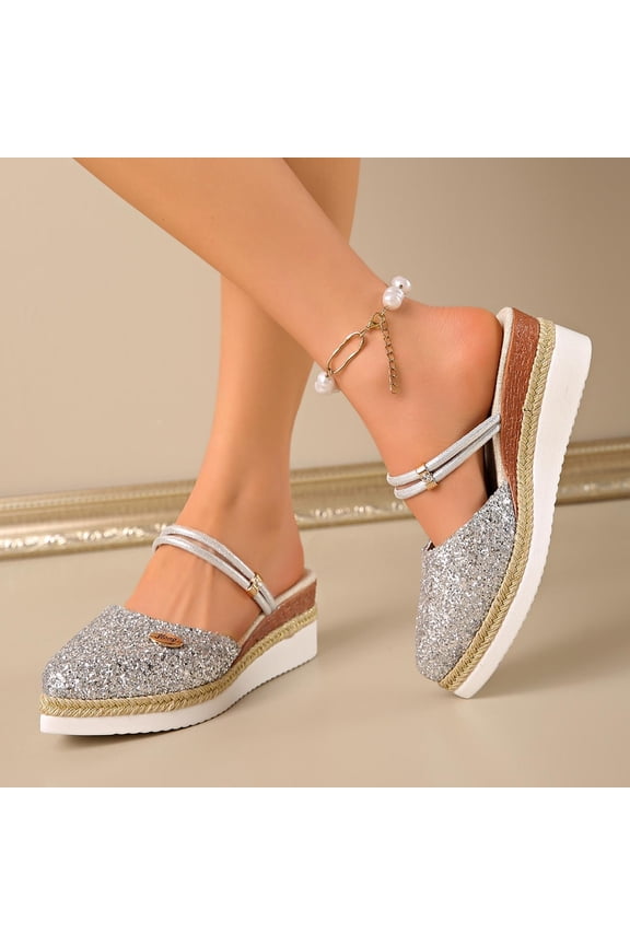 Womens Closed-Toe Sequin Wedge Sandals Rope-Sole Thick-Sole Two-Way Wear for Spring Summer Silver 7(39)