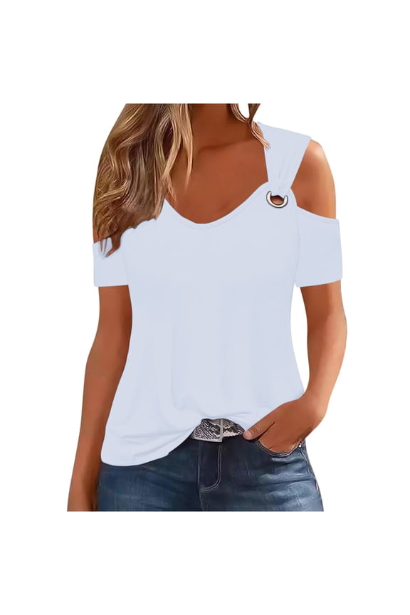 Womens Cold Shoulder Tops for Women Summer Cut Out Tops Short Sleeve Criss Cross Casual Shirts White XXL