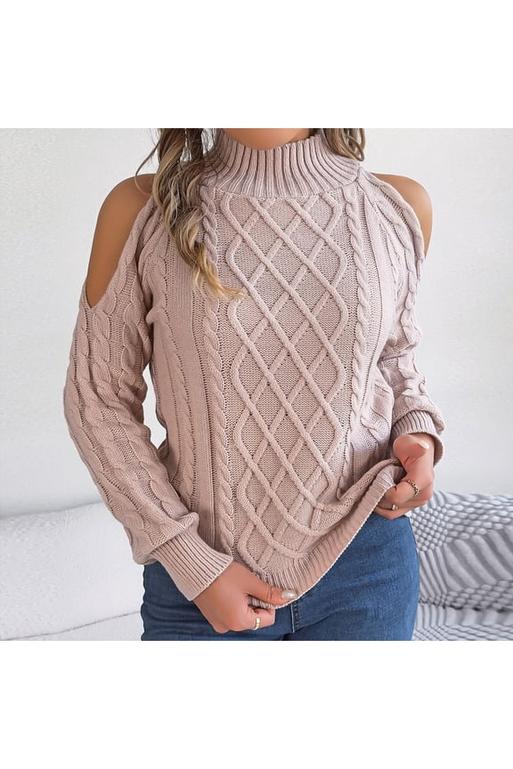 Womens Cold Shoulder Turtleneck Sweaters Fall Long Sleeve Soft Cable Knit Pullovers Jumper Tops Pink 8(L)