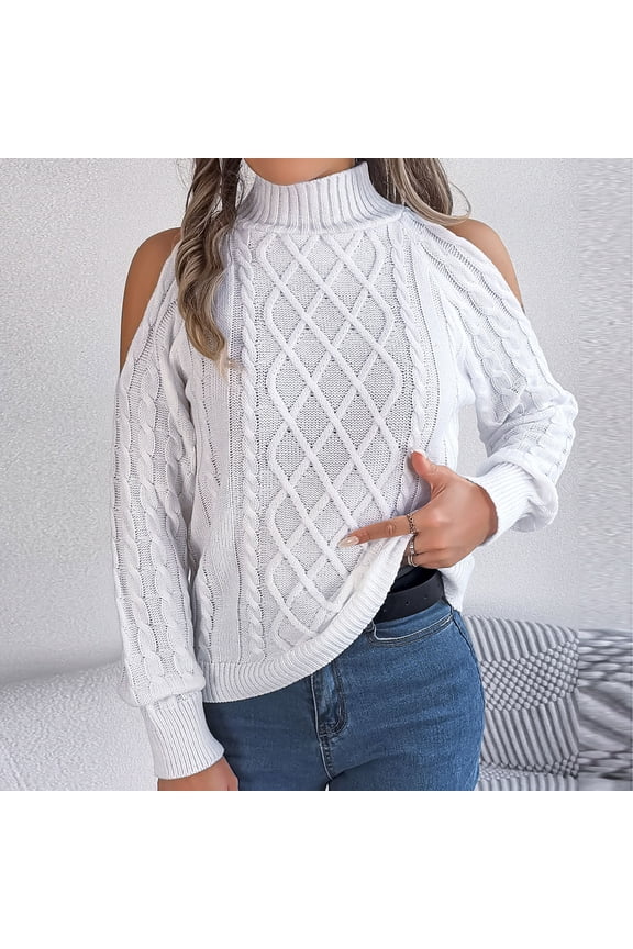 Womens Cold Shoulder Turtleneck Sweaters Fall Long Sleeve Soft Cable Knit Pullovers Jumper Tops White 4(S)