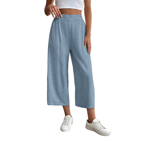 Miluxas Womens Comfortable Lightweight Wide Leg Trousers Pull on Elastic Waist Cropped Pants with Pockets for Business Casual Blue