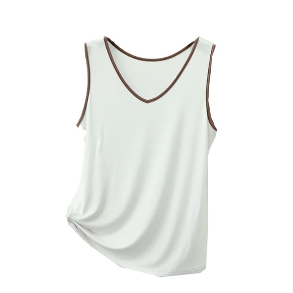 Miluxas Womens Contrast Trim Tank Tops Sleeveless V Neck Basic Outfits Layering Piece for Spring Summer Khaki