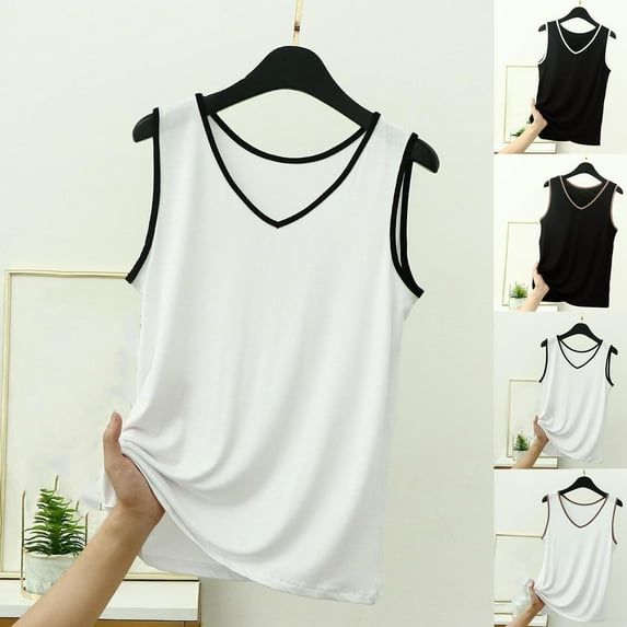 Miluxas Womens Contrast Trim Tank Tops Sleeveless V Neck Basic Outfits Layering Piece for Spring Summer White