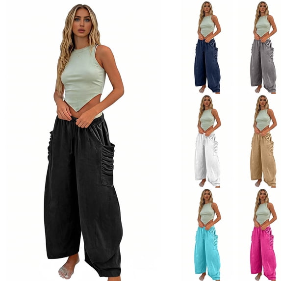 Miluxas Womens Cotton Linen Pants Harem Casual Loose Fit Baggy Elastic Waist Lantern Summer Fall Pants with Pockets White XL(XL)