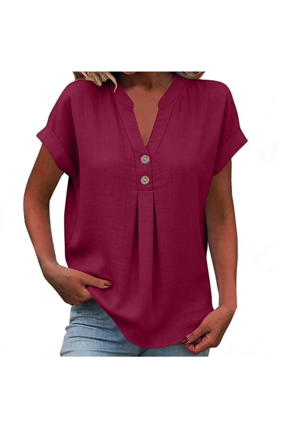 Womens Cotton Linen Shirts Summer Short Sleeve Dress Blouses Casual Collared Plain Gauzy Tops with Button Wine