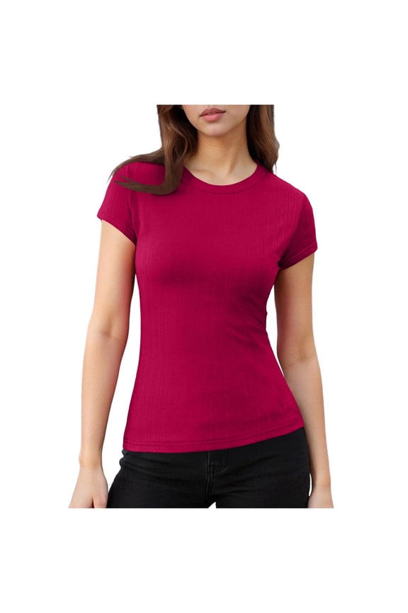 Womens Crew Neck Ribbed Skim Short Sleeve Fitted T Shirts Casual Basic Tight Tees Stretchy Tops for Women Hot Pink L(L)