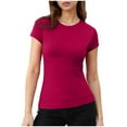 thumbnail image 1 of Miluxas Womens Crew Neck Ribbed Skim Short Sleeve Fitted T Shirts Casual Basic Tight Tees Stretchy Tops for Women Hot Pink M(M), 1 of 9
