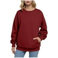 thumbnail image 1 of Miluxas Womens Crewneck Long Sleeve Sweatshirts Solid Color Casual Pullover Tops Loose Shirts with Pockets Wine XXL(XXL), 1 of 6