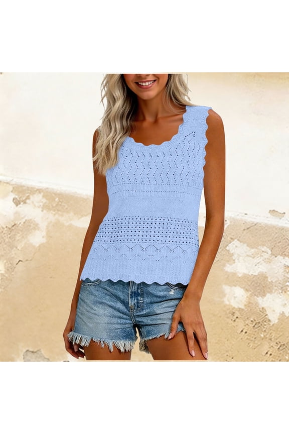 Womens Crochet Crop Tank Tops Sleeveless Eyelet Shirts Vest Ruffle Hem Summer Top Light Blue XXL(XXL)