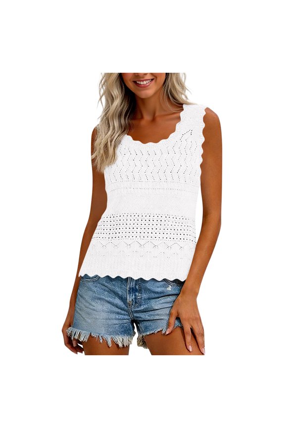 Womens Crochet Crop Tank Tops Sleeveless Eyelet Shirts Vest Ruffle Hem Summer Top White S(S)