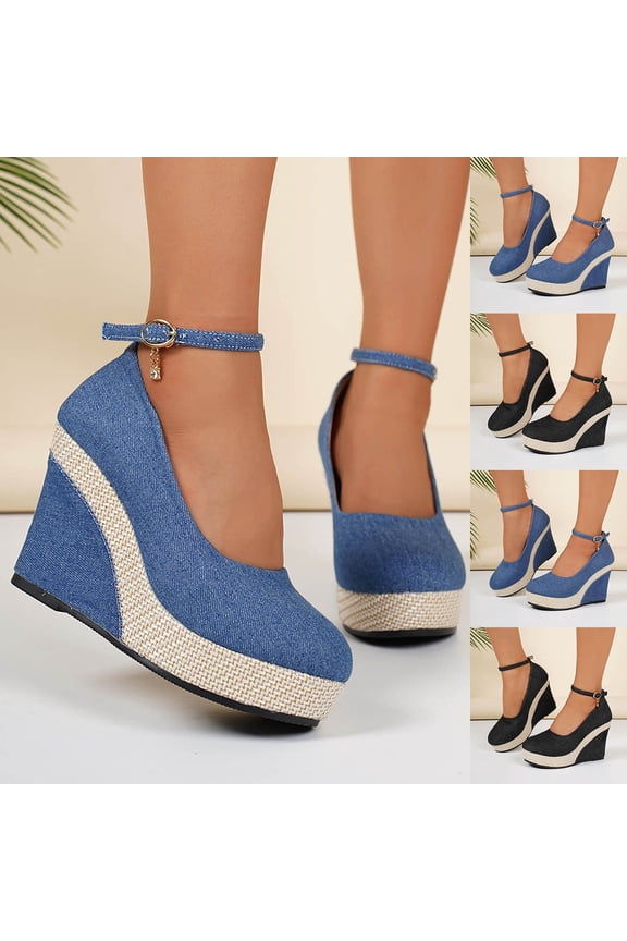 Womens Denim Wedge Closed Toe Sandals Thick Bottom Slip on High Heels Roman Sandals with Ankle Buckle Blue 9.5(43)