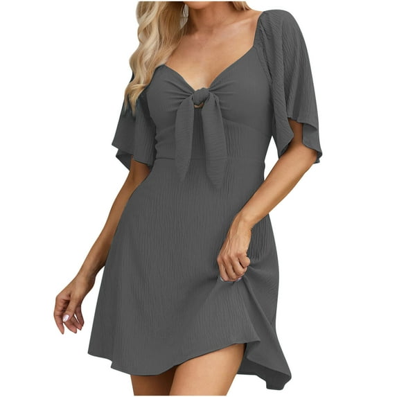 Miluxas Womens Dresses 2024 Clearance Spring Summer Deep V Neck Elegant Bow tie Mini Dress Gray 12(XXL)
