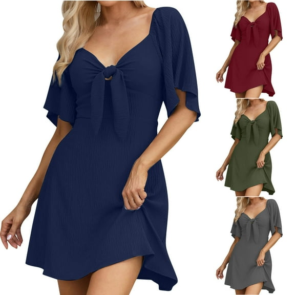 Miluxas Womens Dresses Spring Summer Deep V Neck Elegant Bow tie Mini Dress Wine 10(XL)