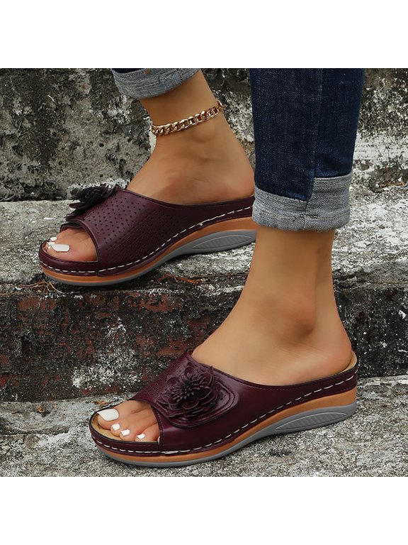 Womens Dressy Flower Wedge Sandals Casual Comfort Open Toe Platform Sandals,Summer Boho Beach Slides Purple 7.5(39)