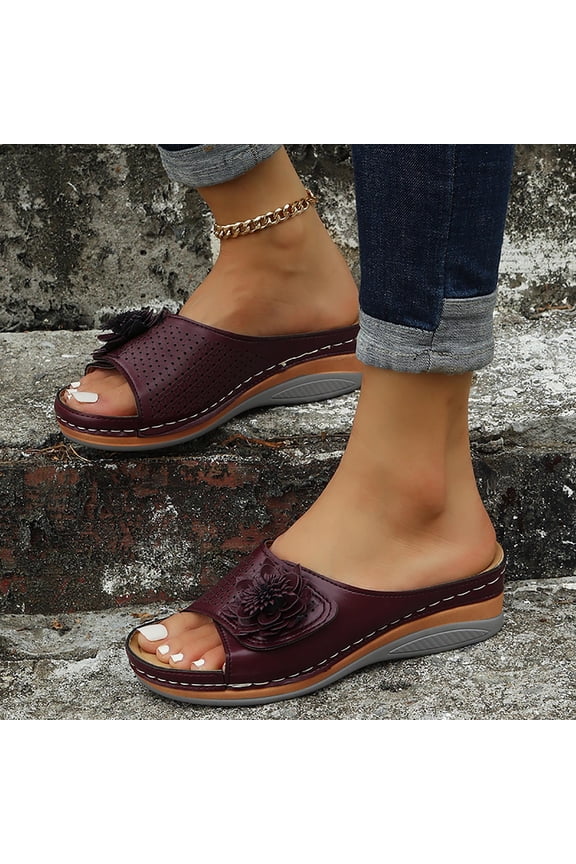 Womens Dressy Flower Wedge Sandals Casual Comfort Open Toe Platform Sandals,Summer Boho Beach Slides Purple 7.5(39)