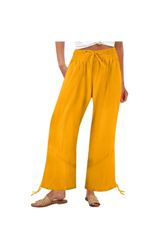 Womens Elastic High Waisted Palazzo Pants Casual Wide Leg Long Lounge Pant Trousers with Pocket Yellow XXL(XXL)
