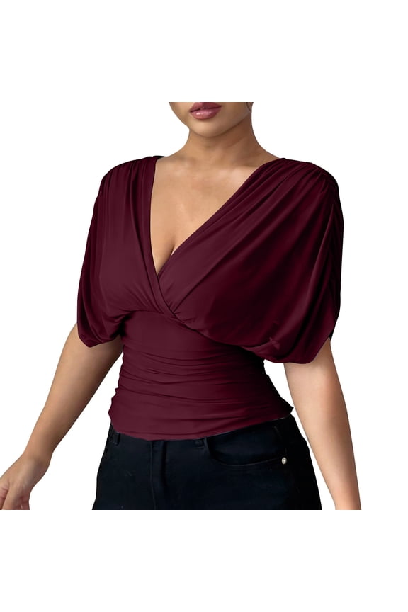 Womens Elegant Wrap Blouse V Neck Work Shirts Fashion Short Sleeve Dressy Casual Ruched Top Wine