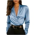 thumbnail image 1 of Miluxas Womens Elegant Wrap V Neck Satin Shirts Puff Long Sleeve Work Dressy Casual Shirts Tops Fall Business Outfits Light Blue S(S), 1 of 6