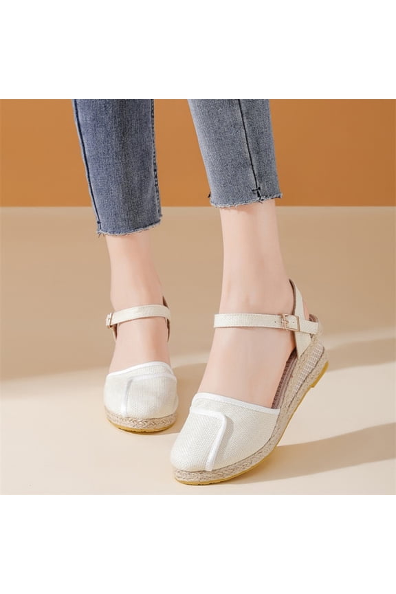 Womens Espadrilles Sandals, Closed Toe Platform for Women Ankle Strap Casual Comfortable Wedge Sandals White 5.5(36)