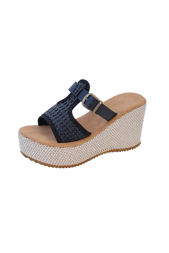 Womens Espadrilles Wedge Sandals Slides Platform Slip on Open Toe Summer Mules Shoes with Buckle Black 5.5(36)