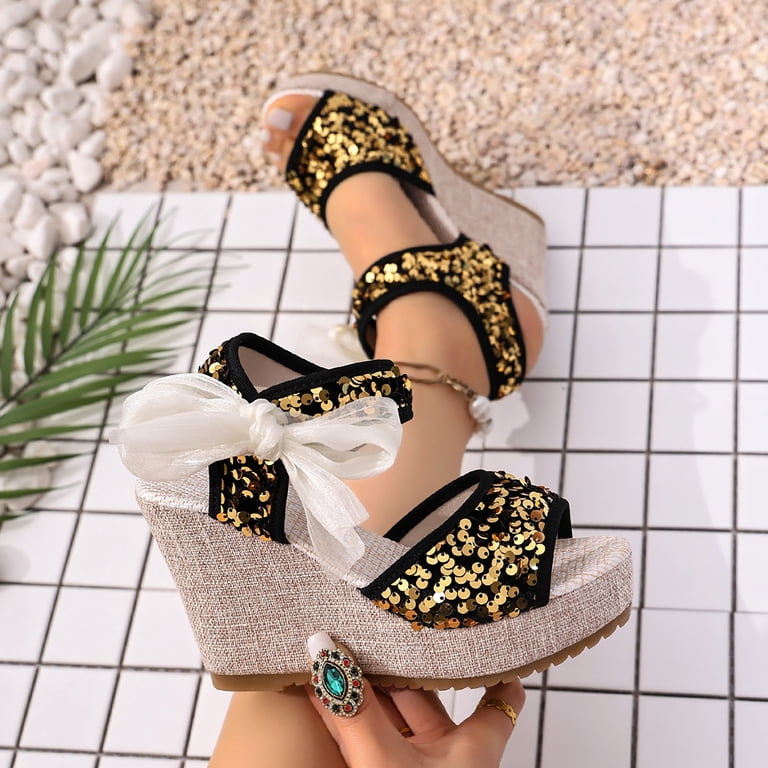 Miluxas Womens Espadrilles Wedges Sandals Heels Open Toe Tie Lace Up Platform Ankle Strap Summer Dress Shoes Gold 6.5(38), Women's