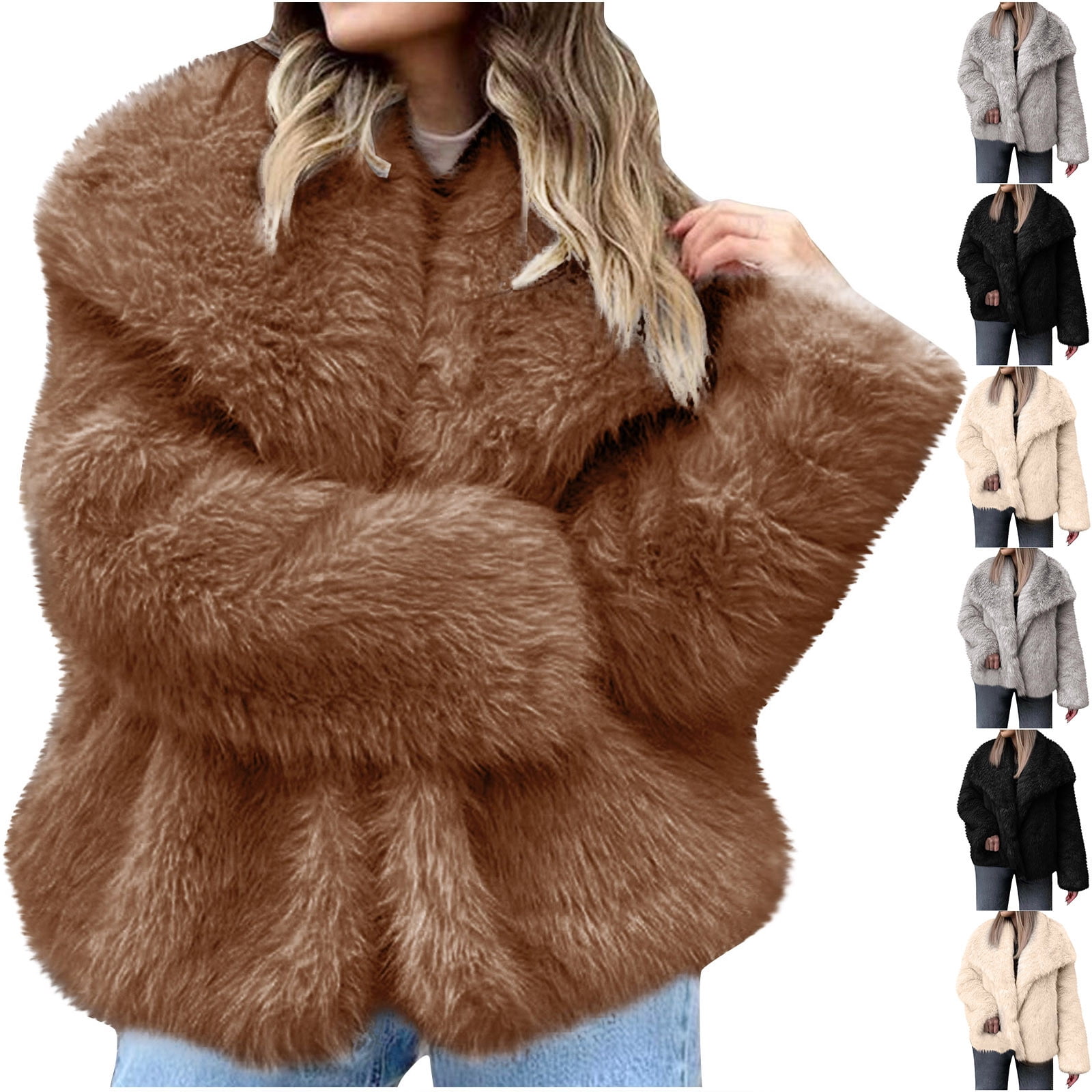 Women Fluffy Shaggy Coat Curly Faux Fur Round Neck Zipper Super Worthy Warm Outerwear