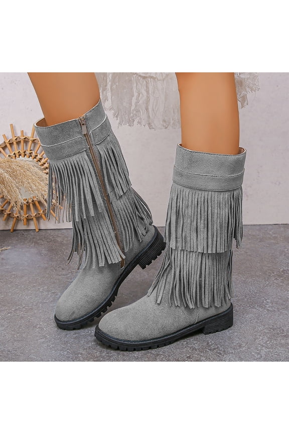 Womens Flat Fringe Ankle Boots Low Heel Autumn Winter Booties with Tassels Gray 6.5(38)