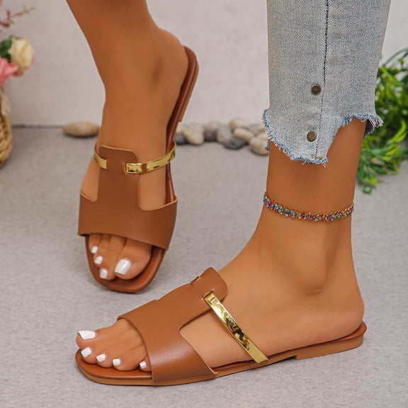 Miluxas Womens Flat Sandals Dressy Open Toe Summer Slides Sandals Slip on Comfortable Leather Sandals for Women Brown 6.5(38)