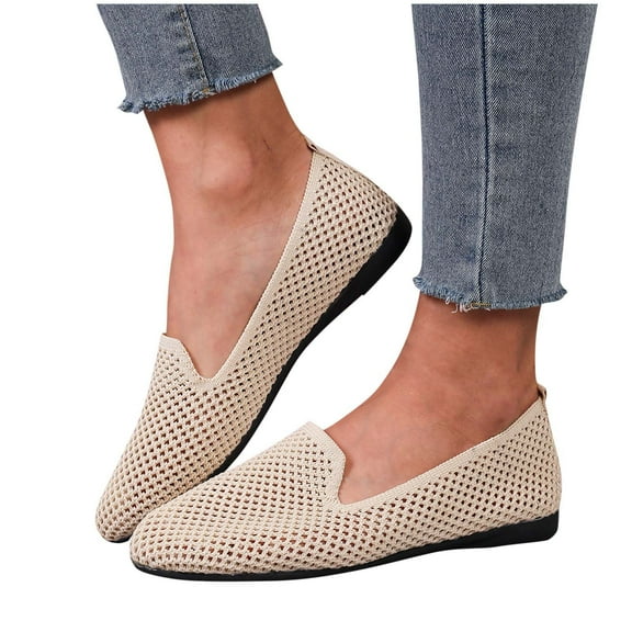 Miluxas Womens Flat Shoes Classic Pointed Toe Flats Knitted Dress Shoes Soft Flats for Woman Comfortable Dressy Beige 9.5(43)