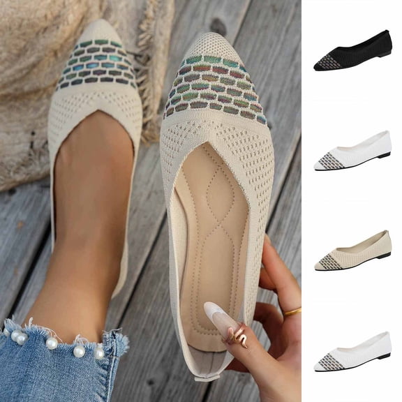 Miluxas Womens Flat Shoes Classic Pointed Toe Flats Knitted Dress Shoes Soft Flats for Woman Comfortable Dressy White 9.5(43)