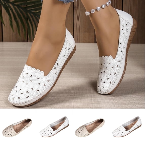 Miluxas Womens Flats, Dress Flats with Flower Eyelets,Breathable Ballet Flats White 9.5(43)