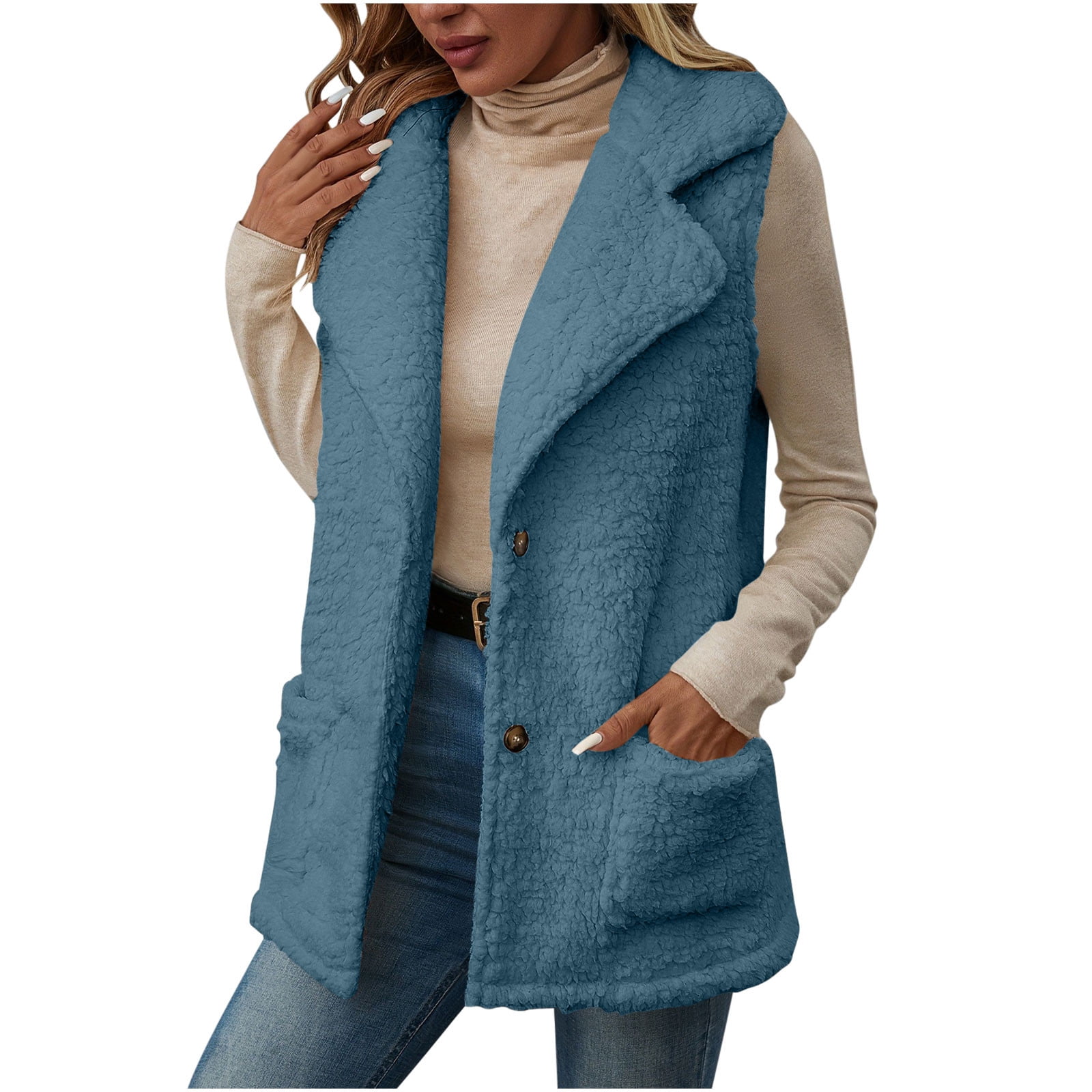 Miluxas Womens Fleece Jacket Lightweight Vest Cozy Sleeveless Lapel ...