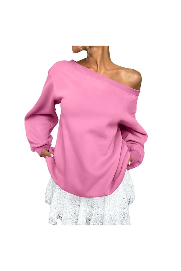 Womens Fleece Lined Sweatshirt off Shoulder Long Sleeve Pullover Top Oversized Shirt Basic Slouchy Clothes Pink L(L)