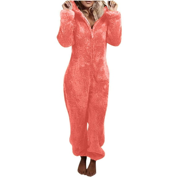 Miluxas Womens Fleece Onesies Pajamas Jumpsuit Warm Romper Sleepwear One Piece Zipper Hooded Playsuit Loungewear Orange 8(L)