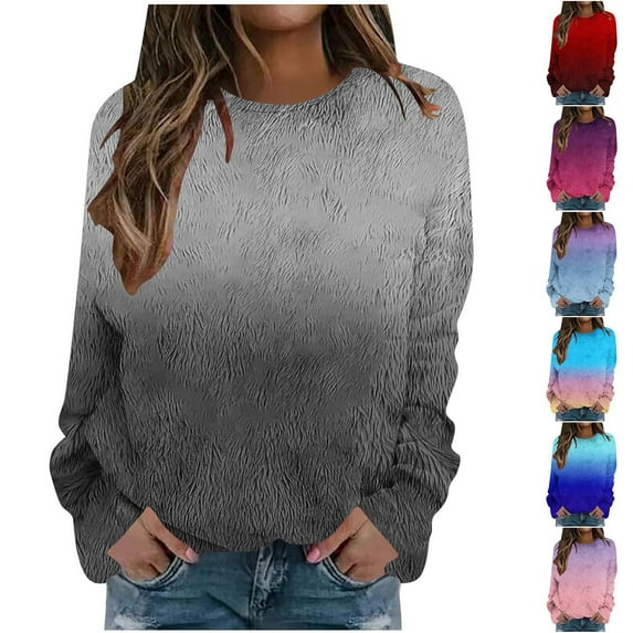 Miluxas Womens Fleece Tops Winter Gradient Print Warm Plush Pullover Shirts Round Neck Long Sleeve Loose Fuzzy Casual Shirt Sky Blue XL(XL)