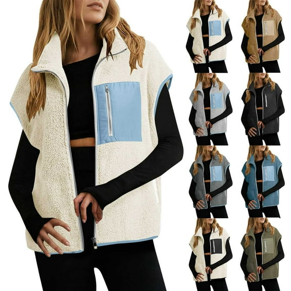 Miluxas Womens Fuzzy Sherpa Fleece Vest Casual Sleeveless Outerwear Travel Zip Up Jacket Lightweight Warm Gilet with Pockets Navy XL(XL)