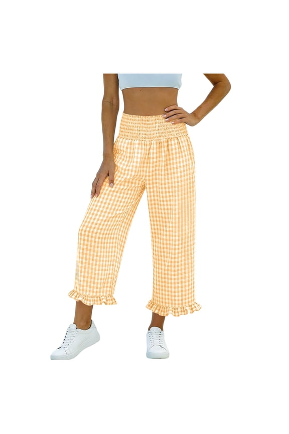 Womens Gingham Pants Checkered Plaid Striped Boxer Wide Leg Palazzo Pants Lounge PJ Bottoms Trousers with Pockets Orange M(M)