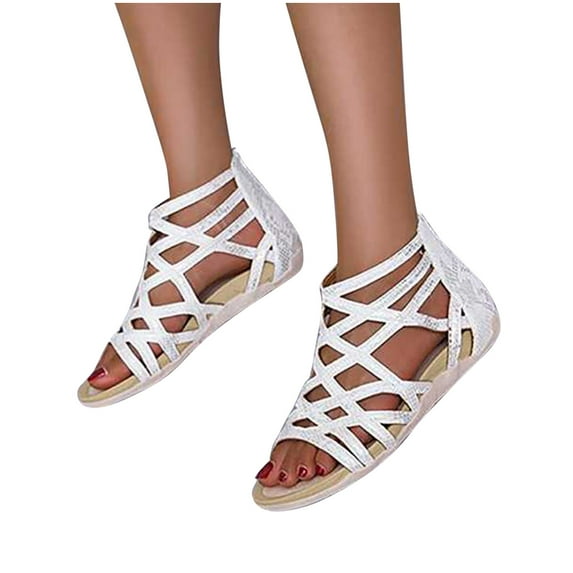 Miluxas Womens Gladiator Sandals Zipper Strappy Flat Sandal Roman Shoes for Girls Beige 8.5(41)