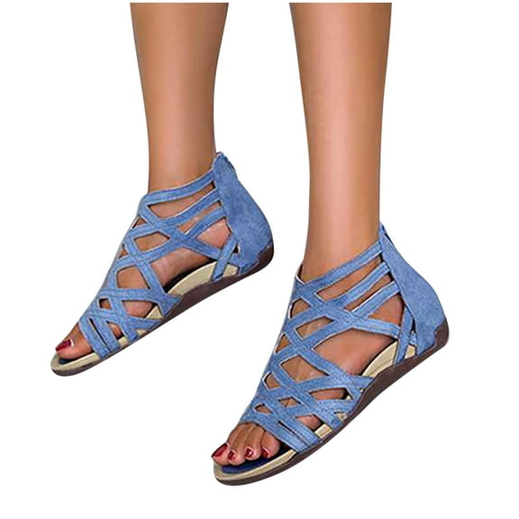 Miluxas Womens Gladiator Sandals Zipper Strappy Flat Sandal Roman Shoes for Girls Blue 4.5(35)